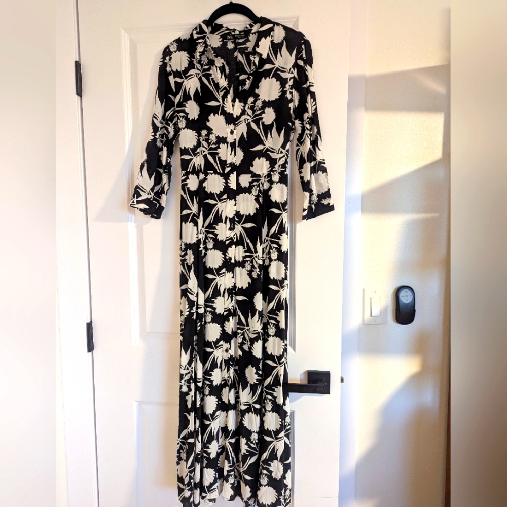 Zara Floral Black and White Belted Maxi Shirt Dress